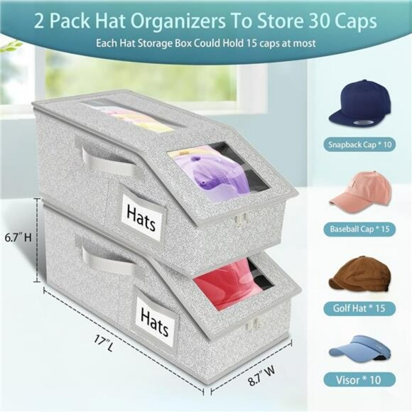 Stackable hat storage boxes for baseball caps closet organizer holds up to 30 ha - Picture 3 of 7